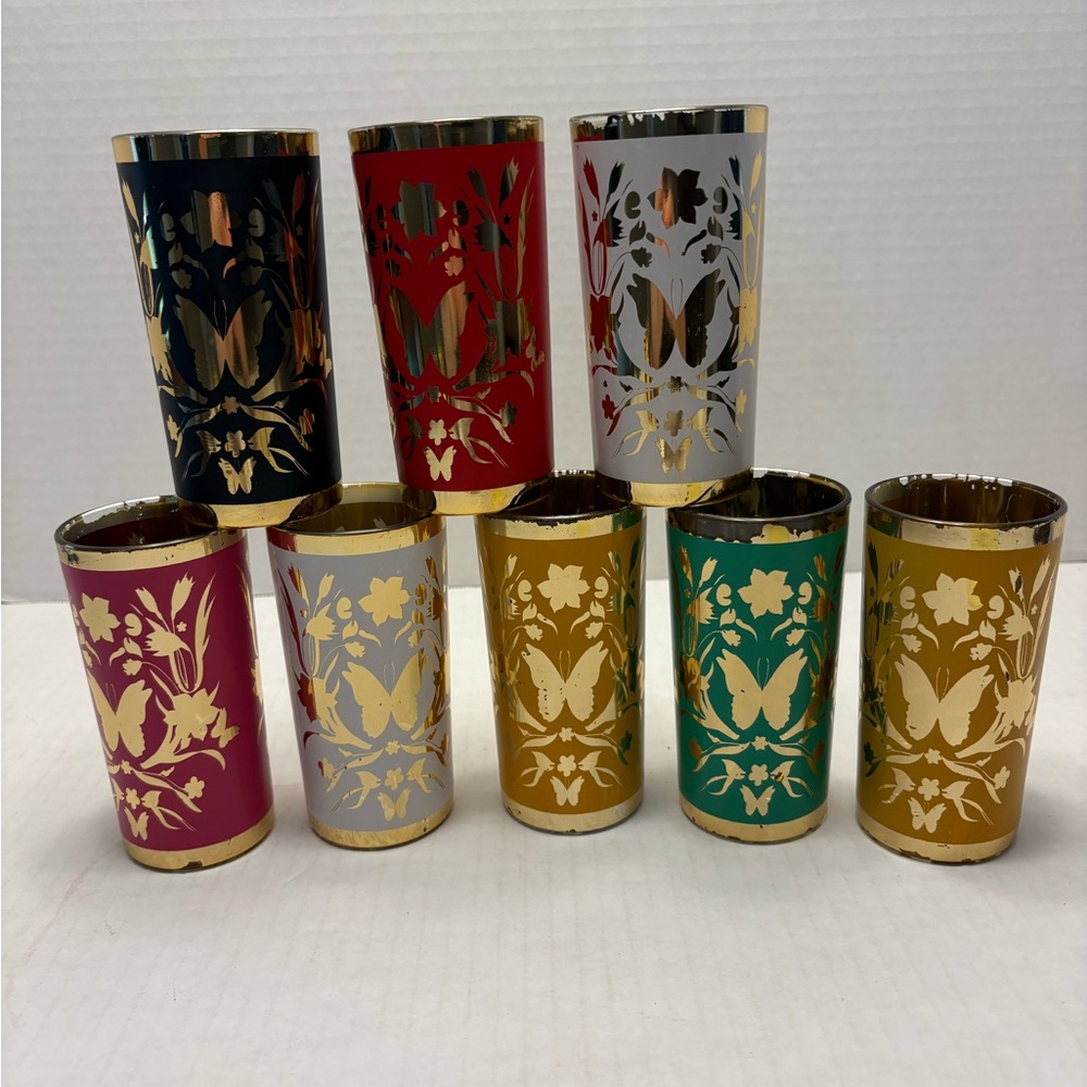 Vintage Butterfly Elegant Gold-Trimmed Floral Glass Set of 8